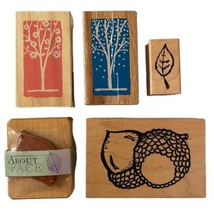 Trees Leaves Acorns 5 Wood Block Rubber Stamps Medium Mixed Lot